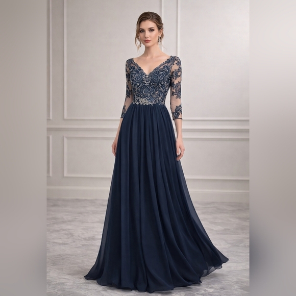 JJs House Dresses & Skirts - JJ’s House Dark Navy Chiffon Lace Beaded Gown – Size 10